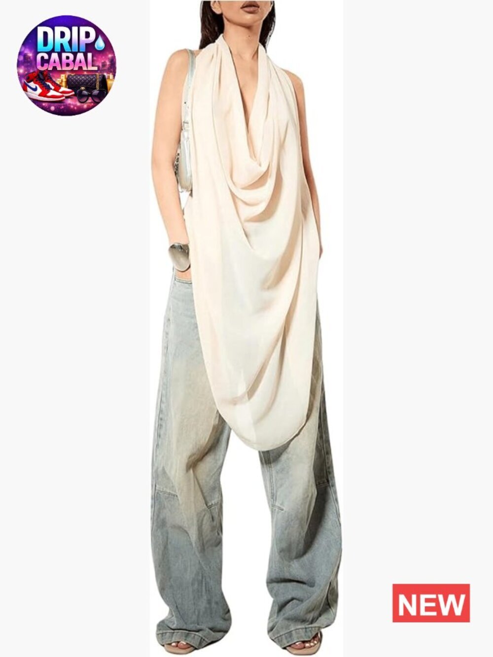 Women's Backless Cowl Neck Sleeveless Tank Top Draped Front Chiffon